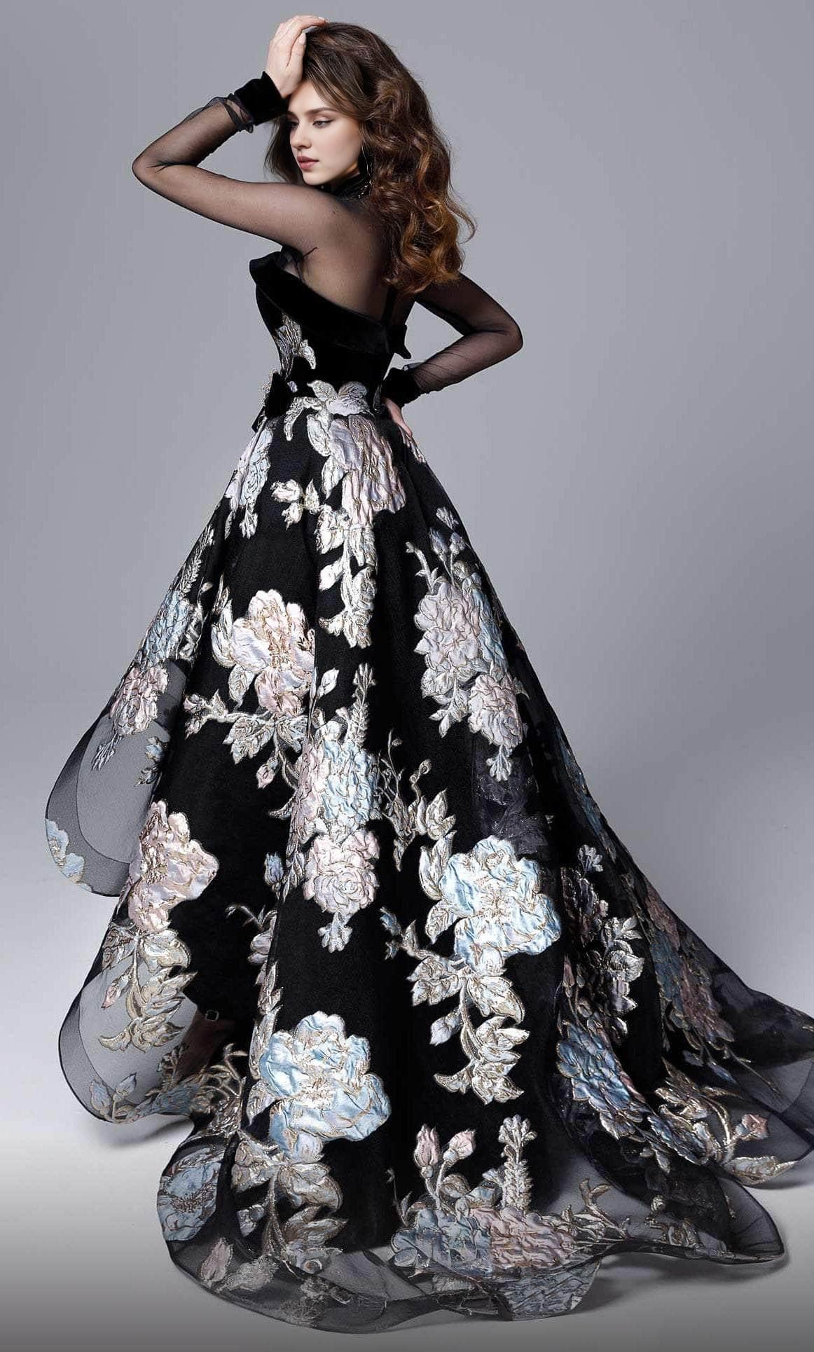 Prom Dresses Shops High Low Sheer Floral Gown Floor Length Long Sleeves Prom Clothing Formal Women's Dresse Black Formal Dresses